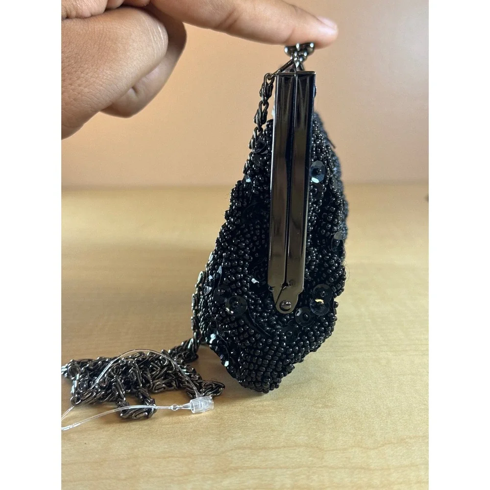 Lillie Rubin Vintage Black Beaded Sequin Clutch Bag Kiss Lock Chain Strap